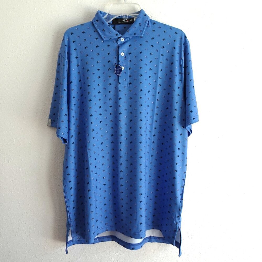RLX Ralph Lauren Polo Shirt Men's Size L Blue Fish Marlin Print Wicking Golf